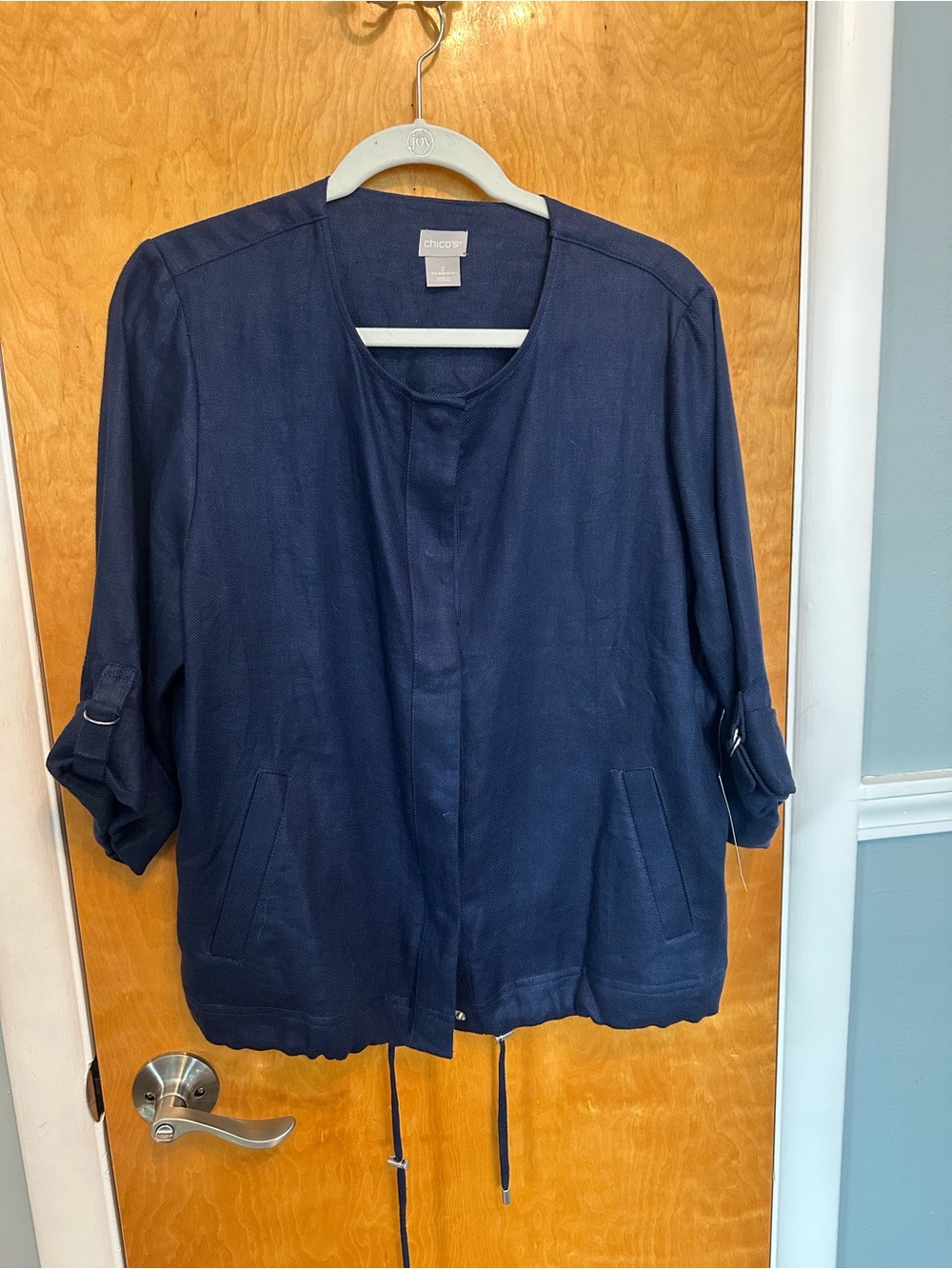 Chico's Navy Drawstring Roll-Tab Jacket